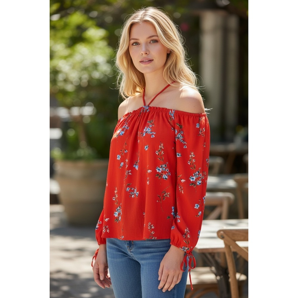 Trendy IS Red Floral Print Off Shoulder Long Sleeve Halter Top - M